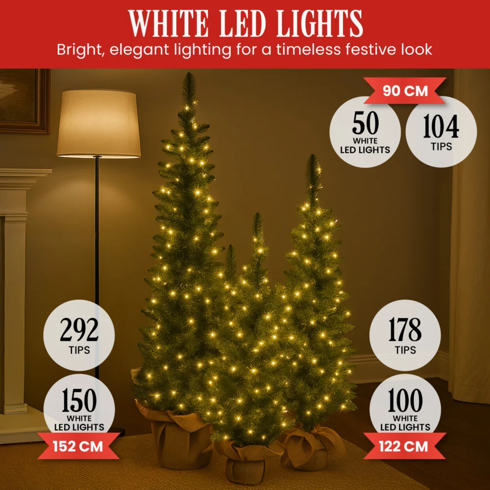Christabelle 3pc Pre-Lit Christmas Trees Green Pine w/LED Lights, Hessian Base &