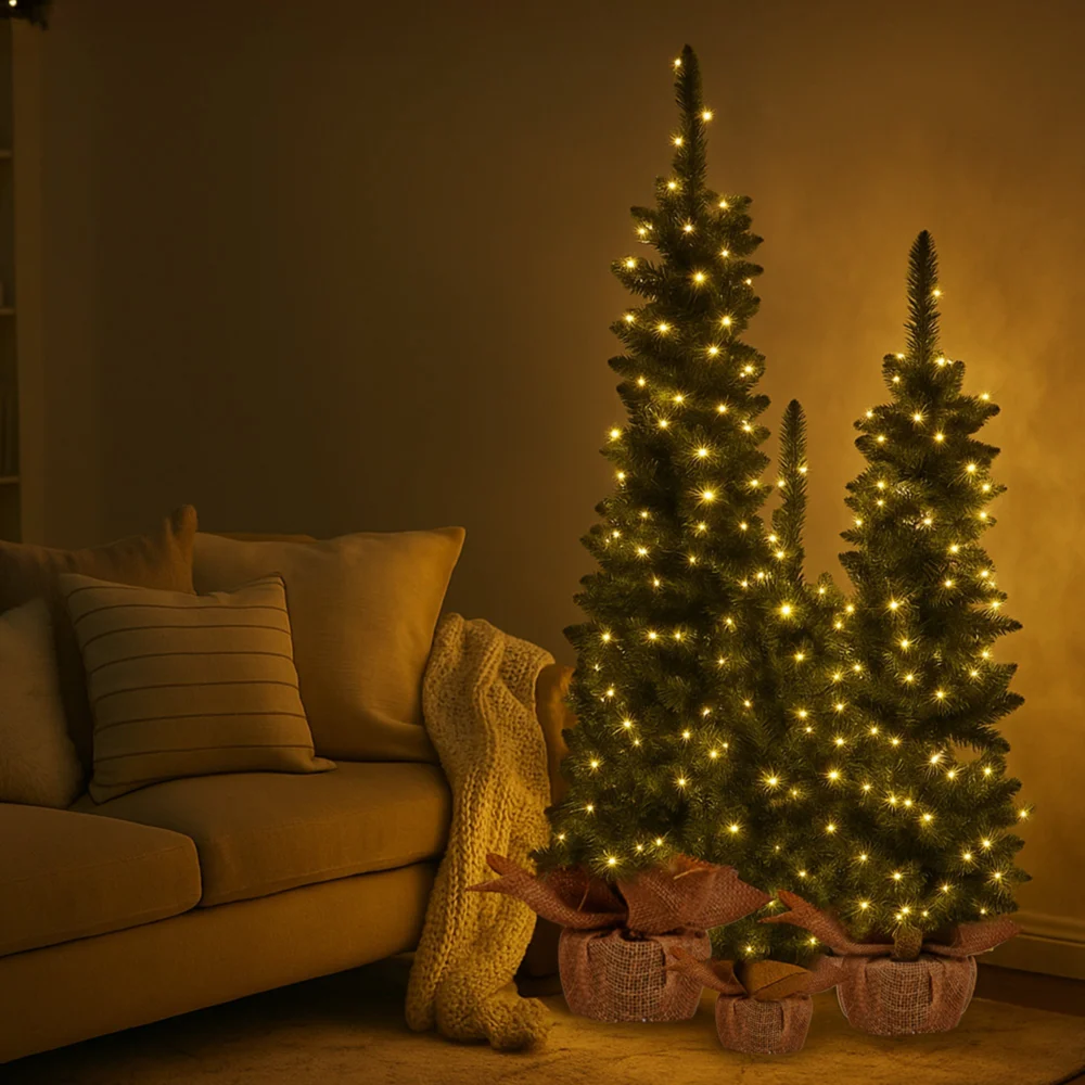 Christabelle 3pc Pre-Lit Christmas Trees Green Pine w/LED Lights, Hessian Base &