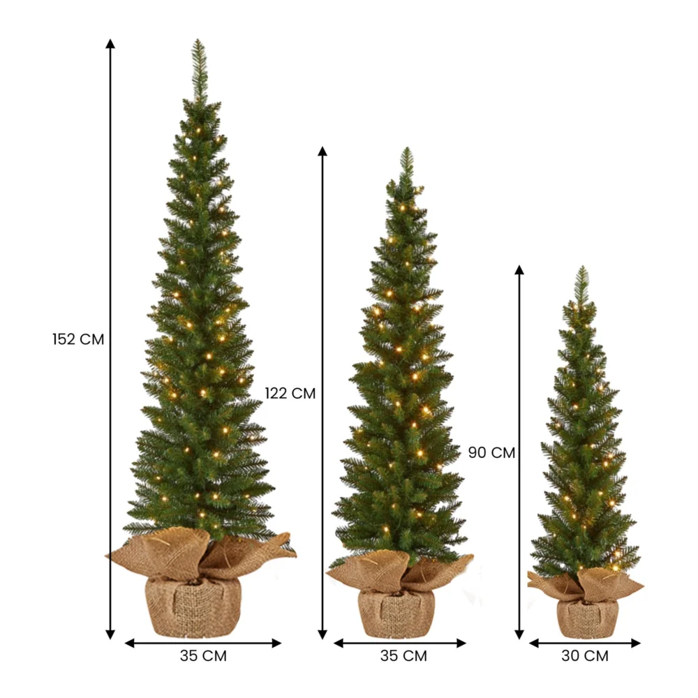 Christabelle 3pc Pre-Lit Christmas Trees Green Pine w/LED Lights, Hessian Base &