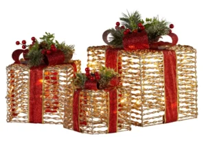 Christabelle Set Of 3 Christmas Gift Boxes With Lights - Champagne With Red Bows