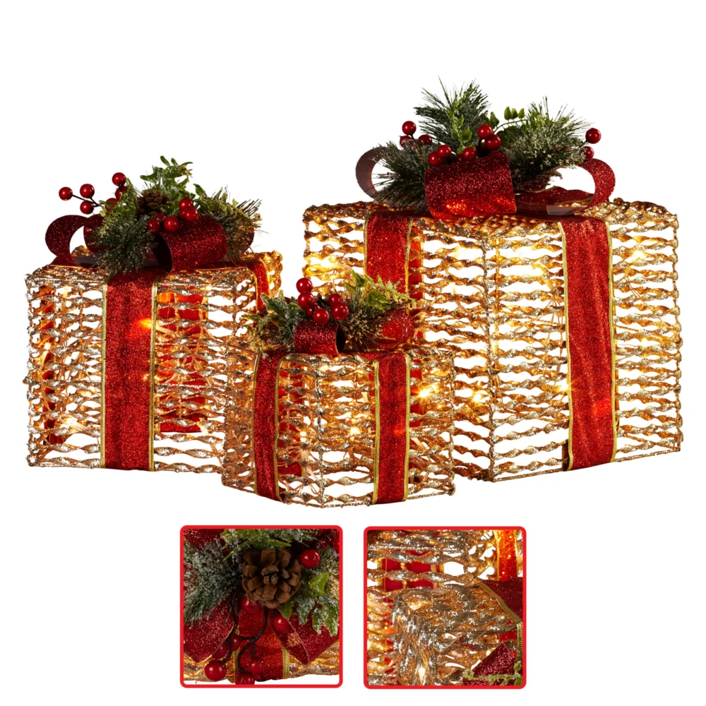 Christabelle Set Of 3 Christmas Gift Boxes With Lights - Champagne With Red Bows