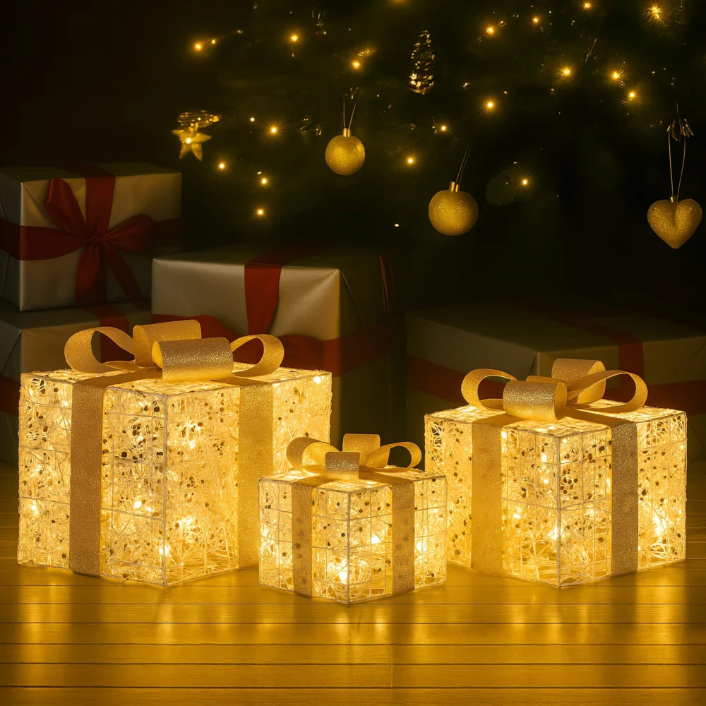 Christabelle 3pc Battery Operated Golden Christmas Gift Boxes w/Warm White LED
