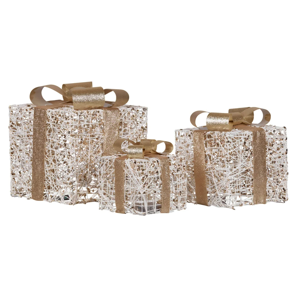 Christabelle 3pc Battery Operated Golden Christmas Gift Boxes w/Warm White LED
