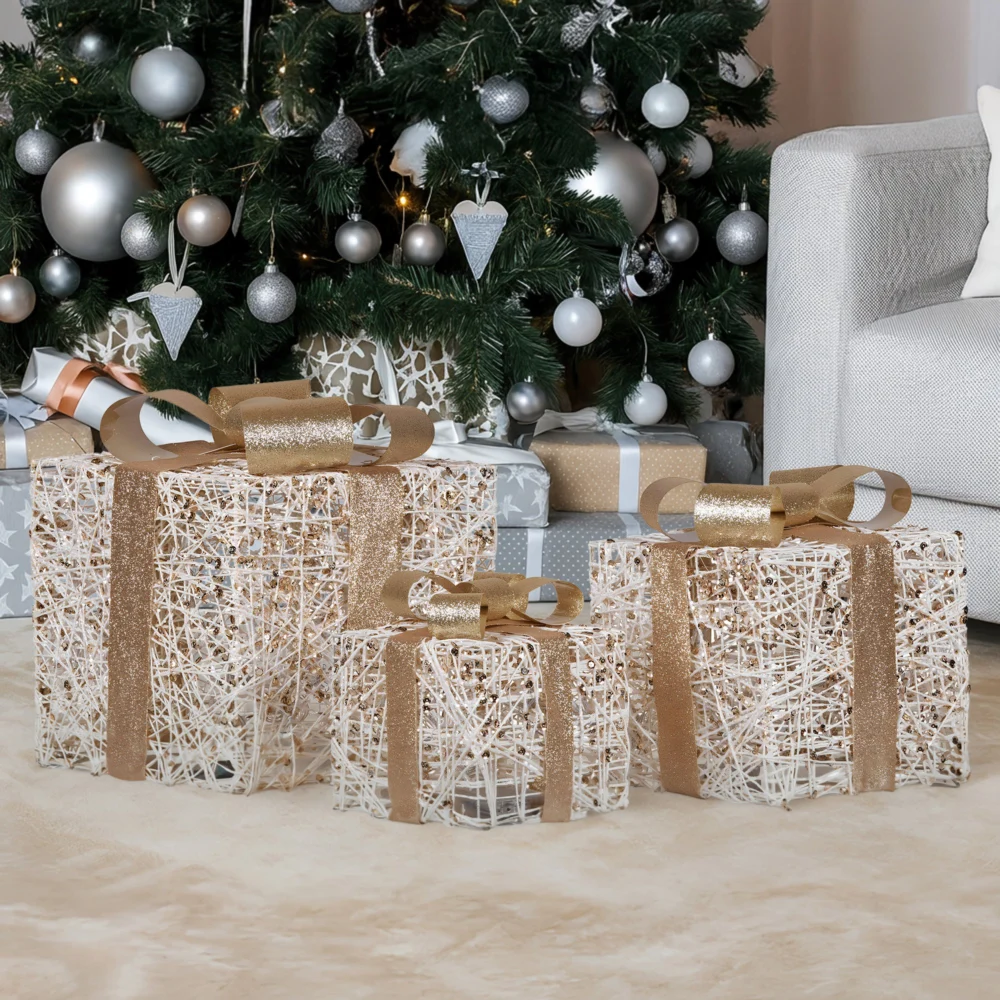 Christabelle 3pc Battery Operated Golden Christmas Gift Boxes w/Warm White LED