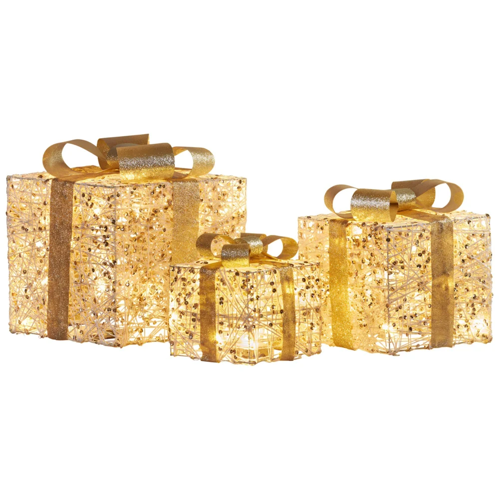 Christabelle 3pc Battery Operated Golden Christmas Gift Boxes w/Warm White LED