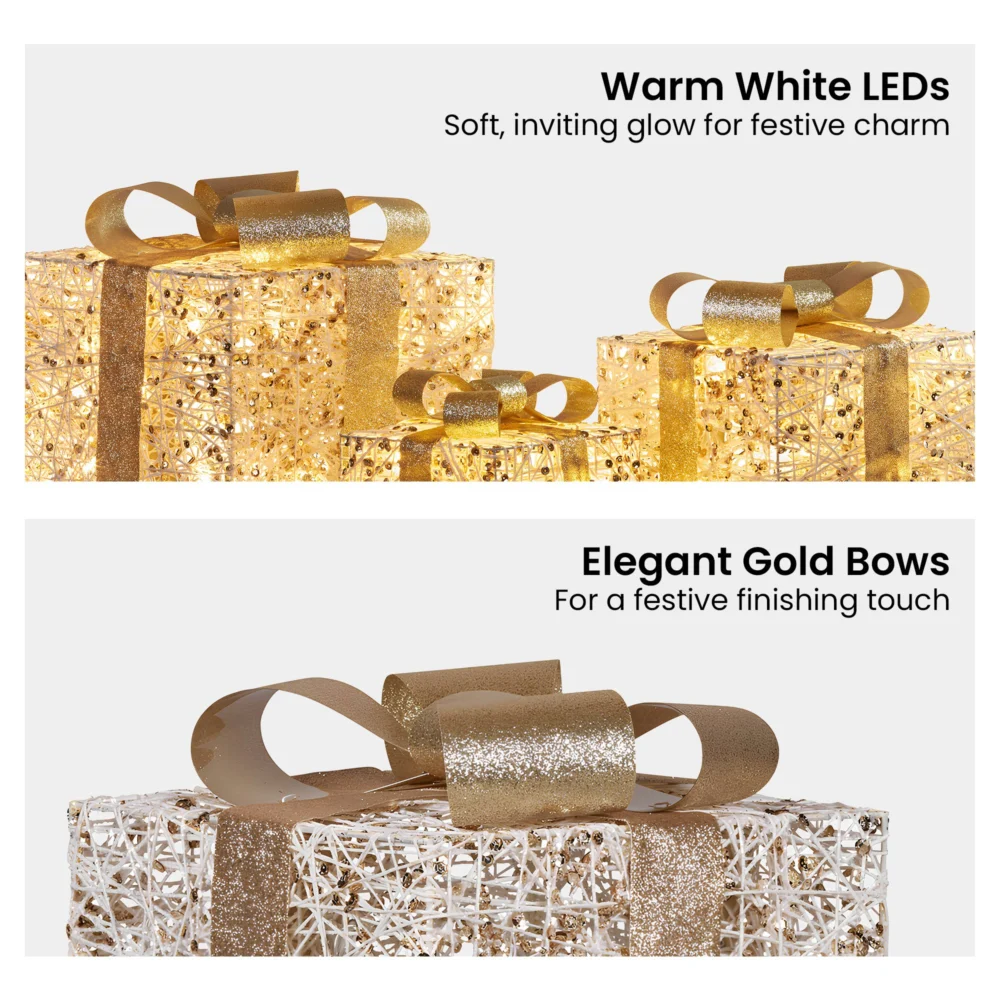 Christabelle 3pc Battery Operated Golden Christmas Gift Boxes w/Warm White LED