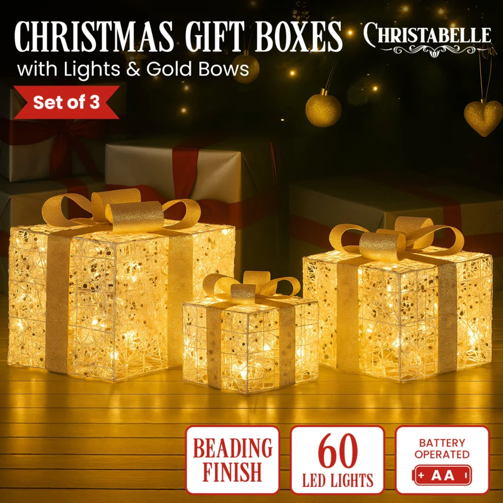 Christabelle 3pc Battery Operated Golden Christmas Gift Boxes w/Warm White LED