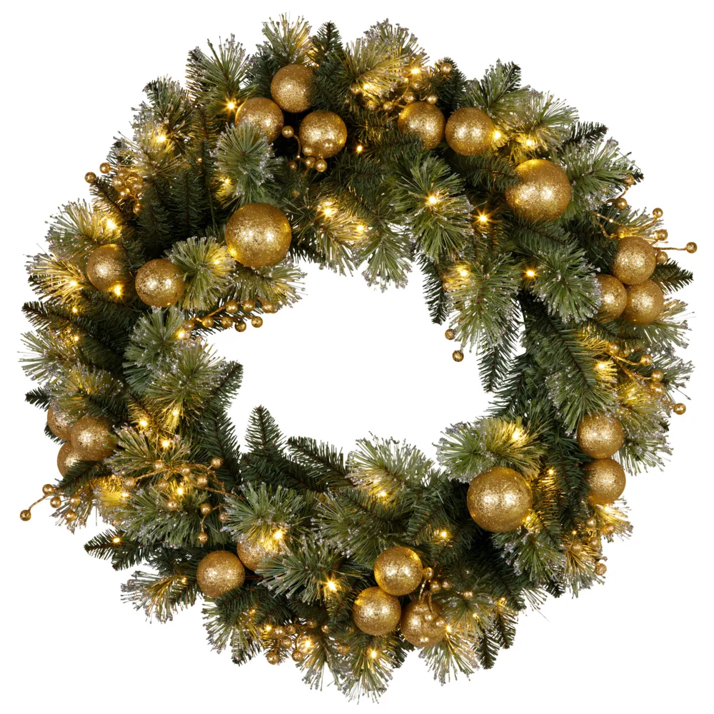 Christabelle 76cm Christmas Wreath Glittery Tipped w/ LED Lights & Golden