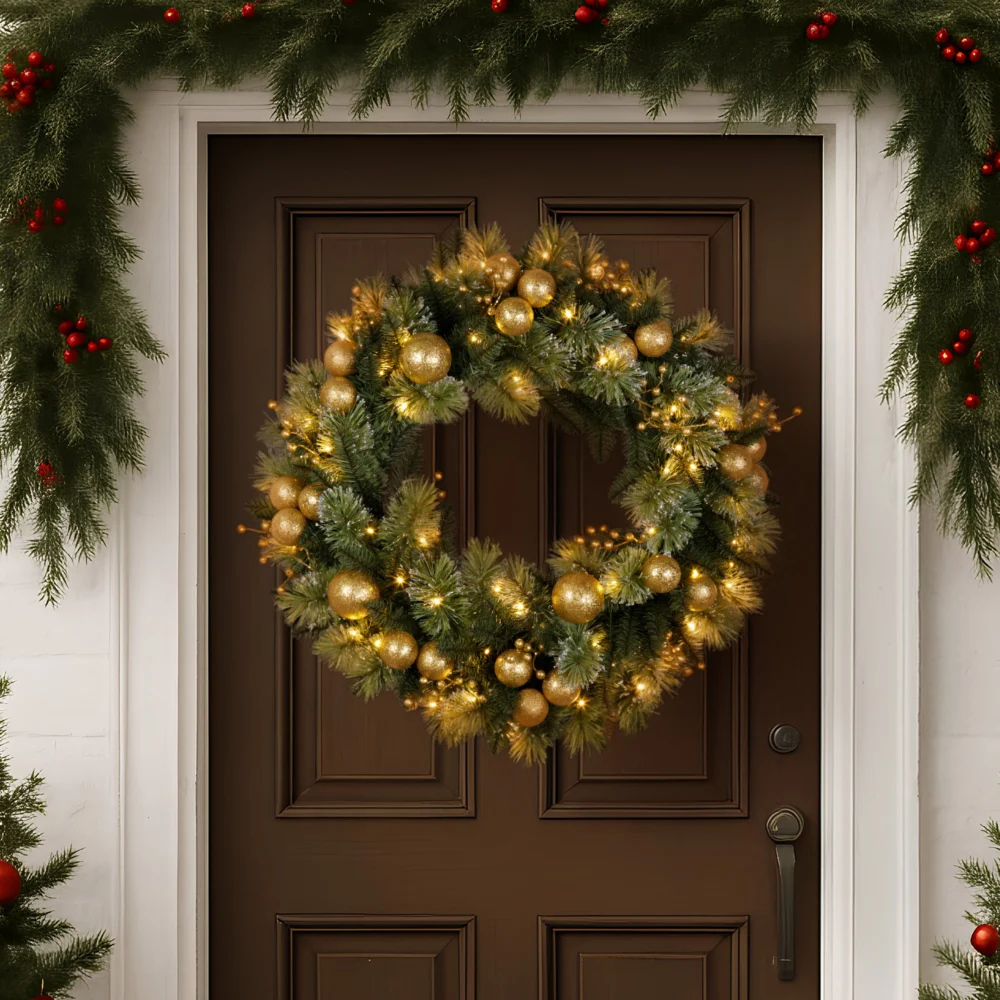 Christabelle 76cm Christmas Wreath Glittery Tipped w/ LED Lights & Golden