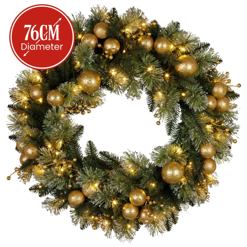 Christabelle 76cm Christmas Wreath Glittery Tipped w/ LED Lights & Golden
