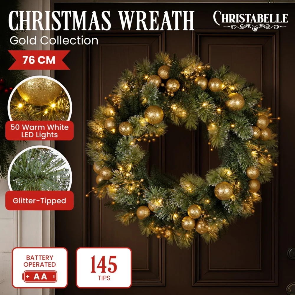 Christabelle 76cm Christmas Wreath Glittery Tipped w/ LED Lights & Golden