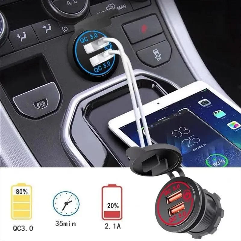 1× Dual USB Car Charger QC 3.0 Quick Charge 12V-24V Power Outlet - Blue
