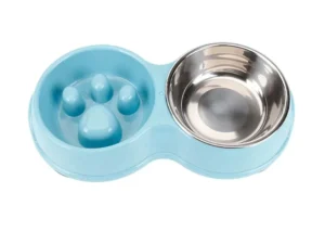 Dog Slow Feeder Double Bowl Pet Food and Water Dish - Blue