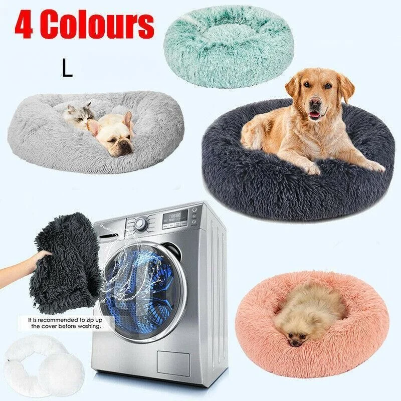 L-70CM Dog Cat Pet Calming Bed Washable ZIPPER Cover Warm Soft Plush Round