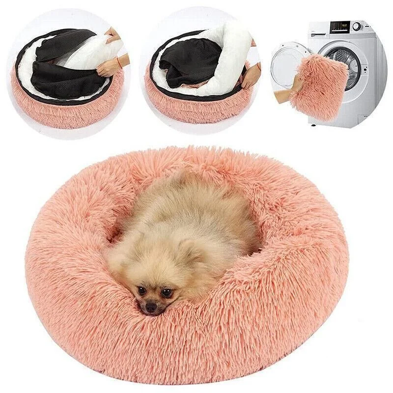 L-70CM Dog Cat Pet Calming Bed Washable ZIPPER Cover Warm Soft Plush Round