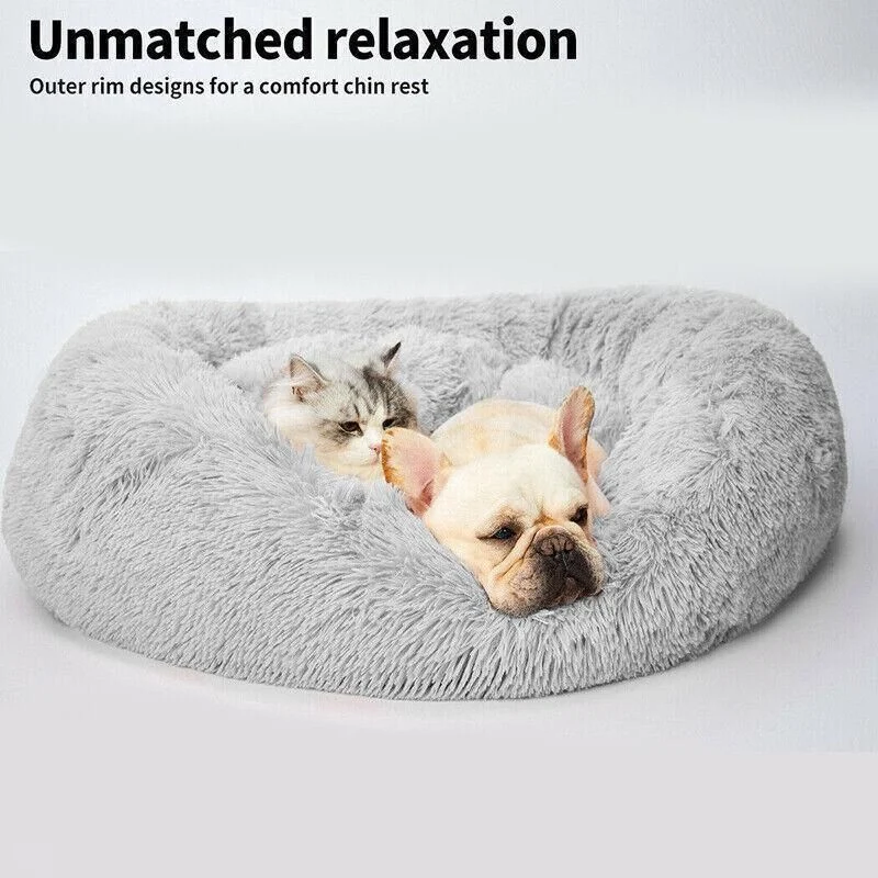L-70CM Dog Cat Pet Calming Bed Washable ZIPPER Cover Warm Soft Plush Round