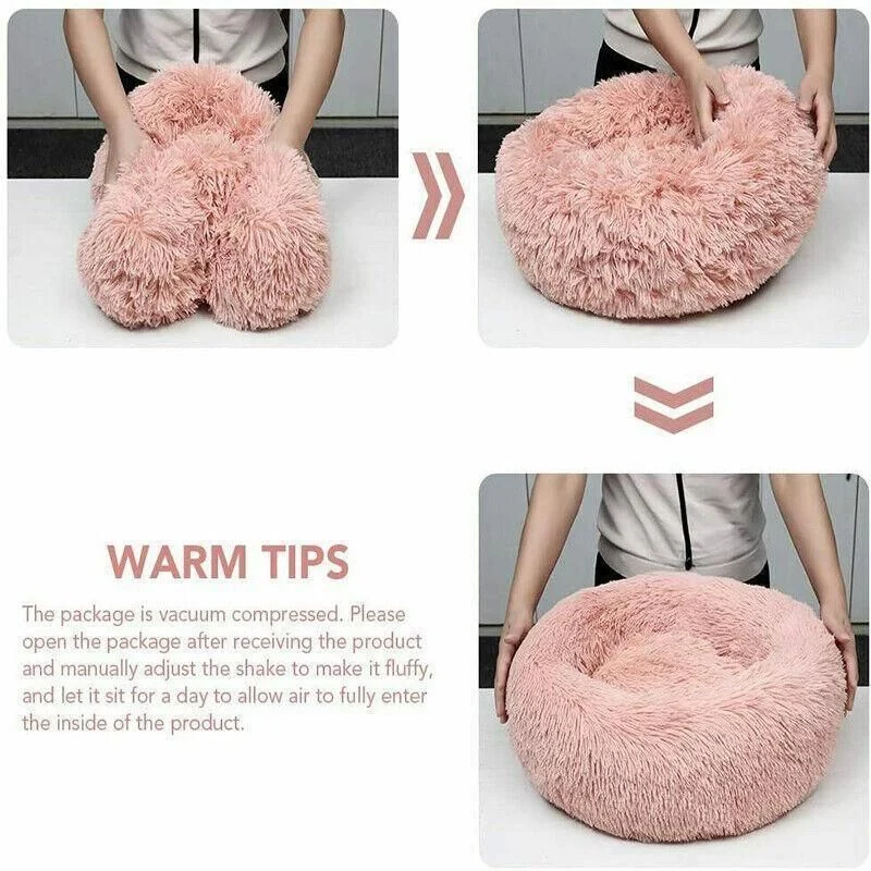 L-70CM Dog Cat Pet Calming Bed Washable ZIPPER Cover Warm Soft Plush Round