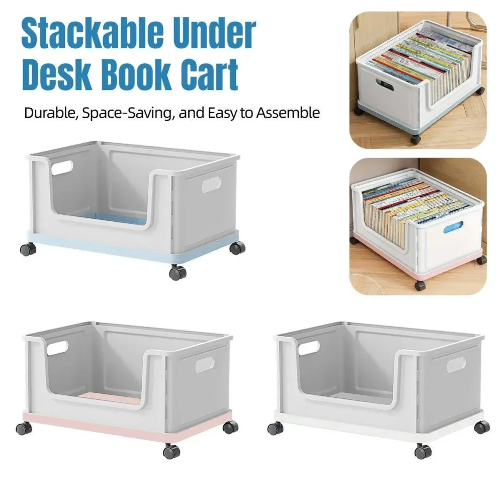 Under Desk Book Storage Box w/ Wheels Movable Classroom Student Organiser Rack