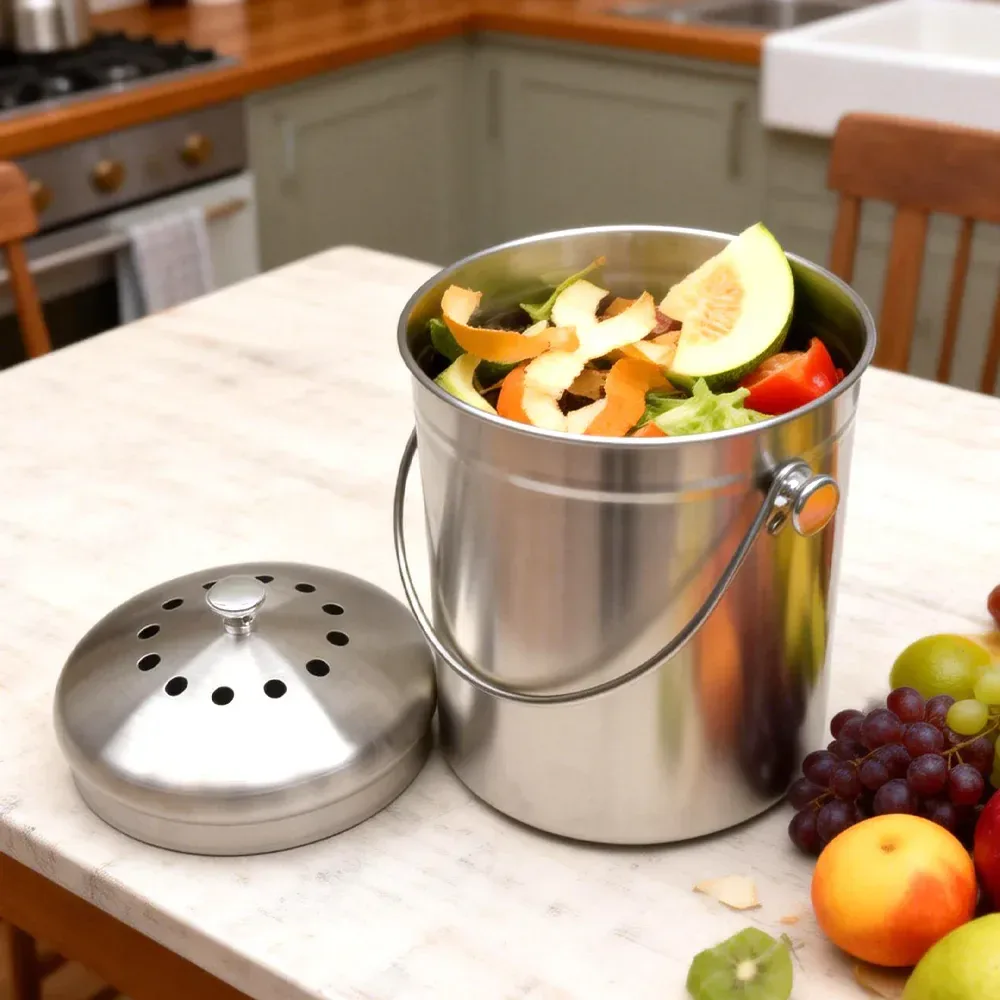 5L Compost Bin Kitchen Countertop Stainless Steel Composter Bucket w/ Lid &
