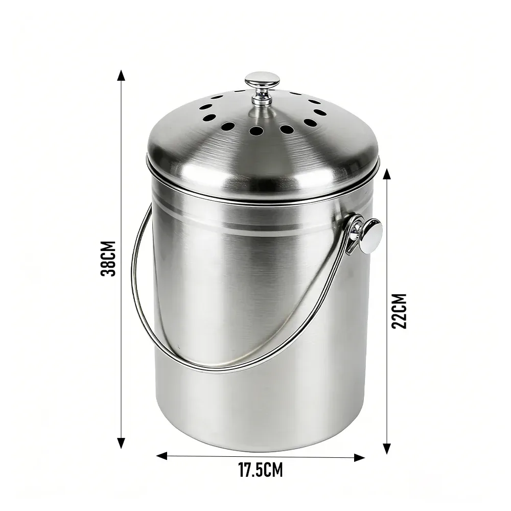 5L Compost Bin Kitchen Countertop Stainless Steel Composter Bucket w/ Lid &