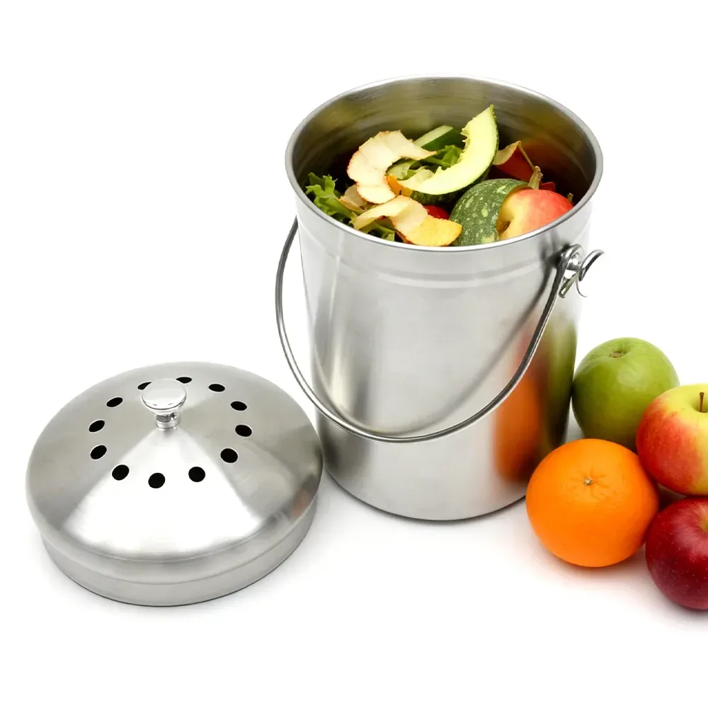 5L Compost Bin Kitchen Countertop Stainless Steel Composter Bucket w/ Lid &