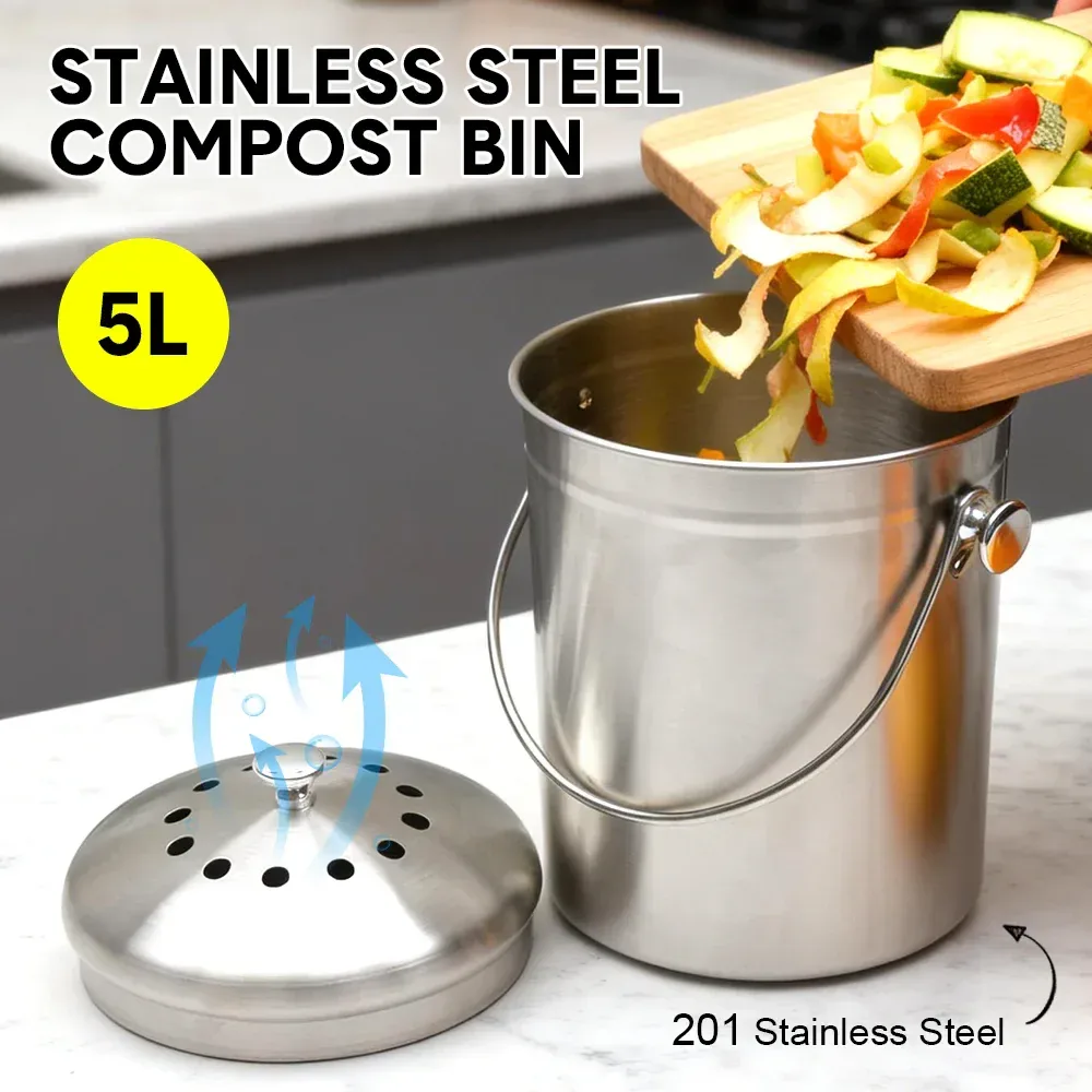 5L Compost Bin Kitchen Countertop Stainless Steel Composter Bucket w/ Lid &