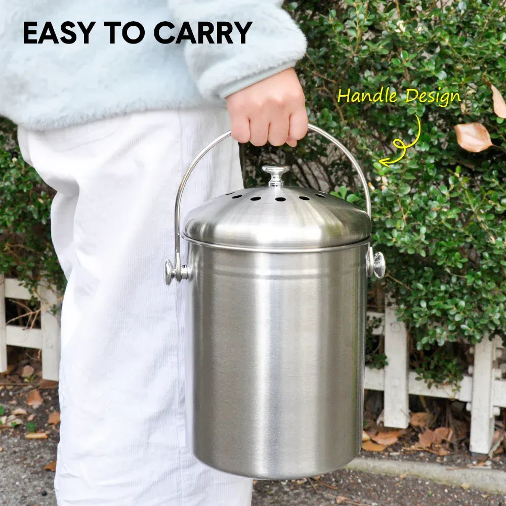 5L Compost Bin Kitchen Countertop Stainless Steel Composter Bucket w/ Lid &