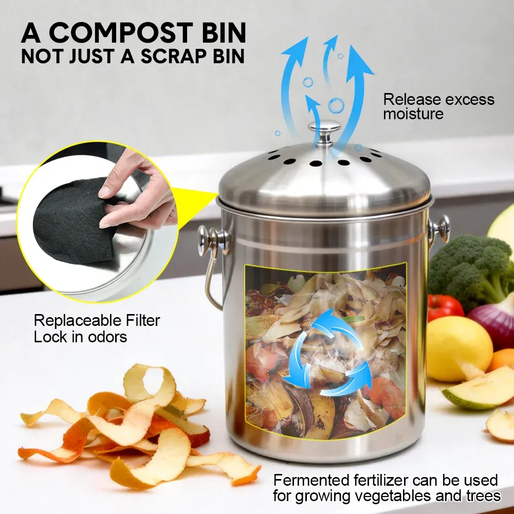 5L Compost Bin Kitchen Countertop Stainless Steel Composter Bucket w/ Lid &
