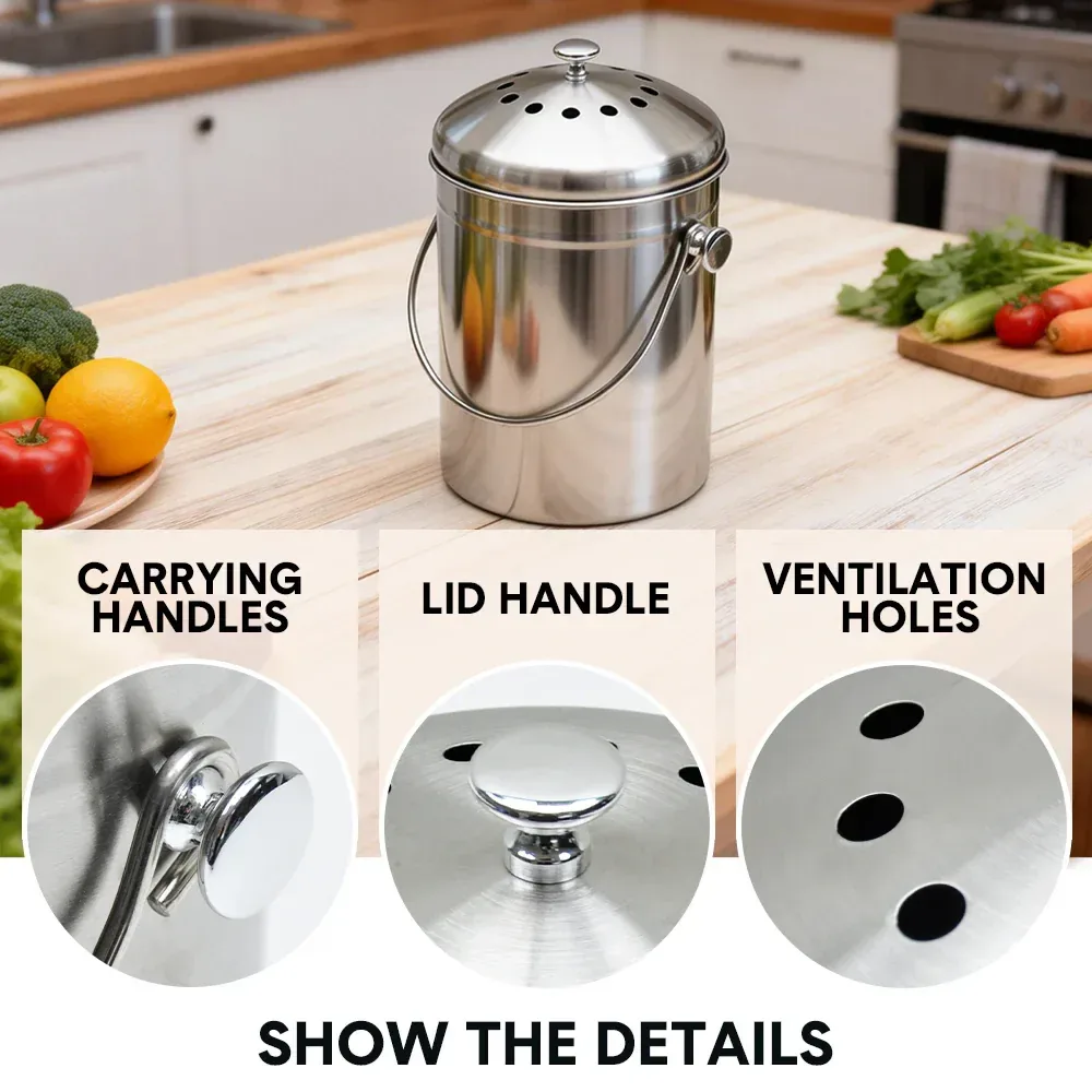 5L Compost Bin Kitchen Countertop Stainless Steel Composter Bucket w/ Lid &