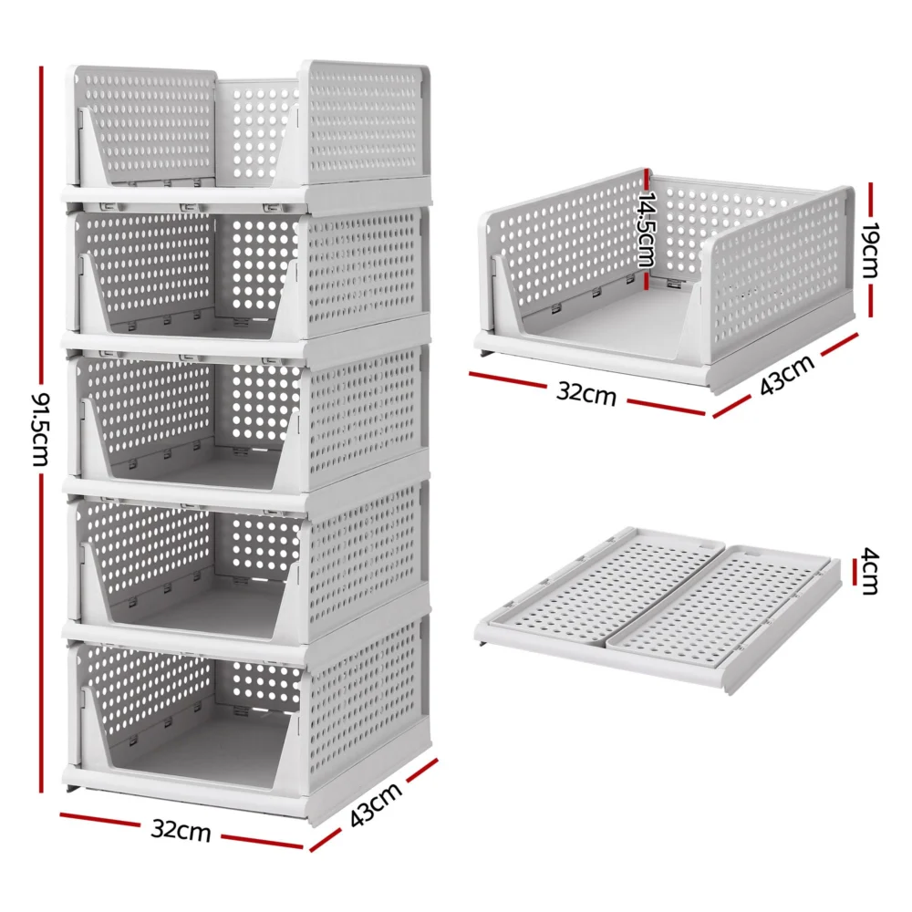 Artiss 5 Pack Stackable Plastic Storage Foldable Closet Organizers