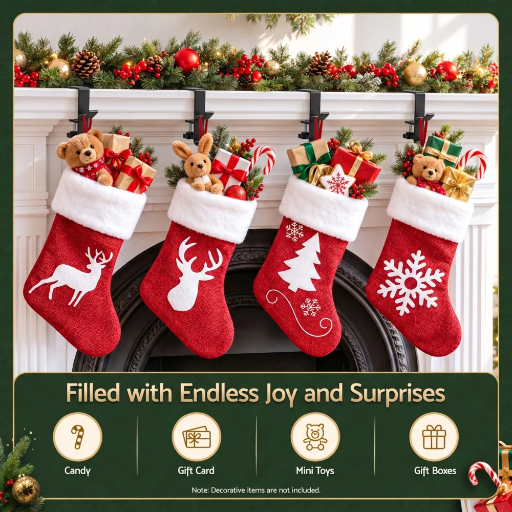 Jingle Jollys Christmas Stocking Set 4 Velvet Stockings 46.5cm & 4 No-Drill