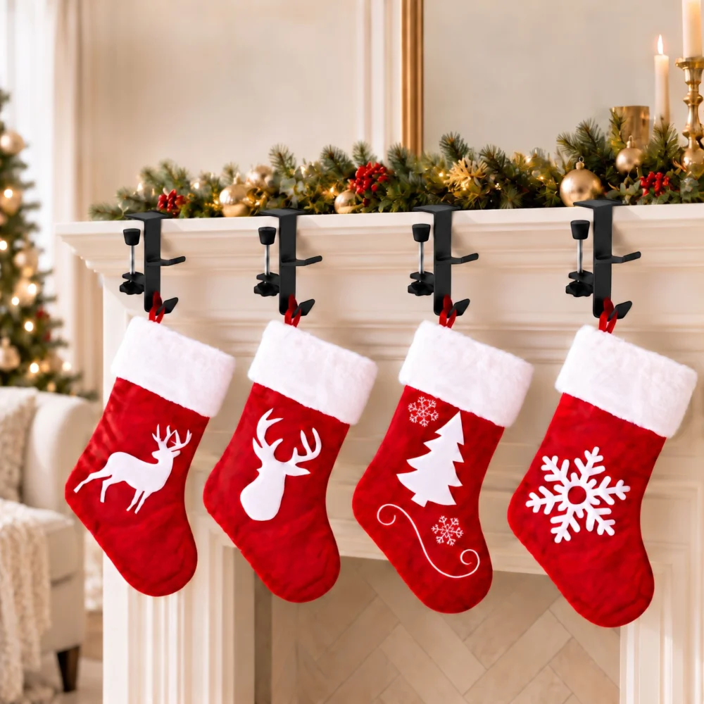 Jingle Jollys Christmas Stocking Set 4 Velvet Stockings 46.5cm & 4 No-Drill