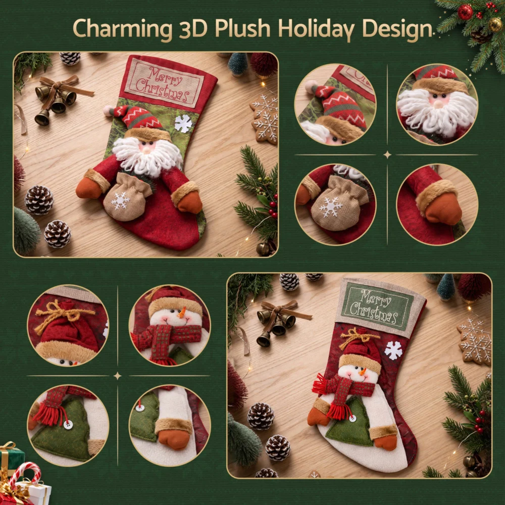 Jingle Jollys 4PCS Christmas Stockings Large 3D Plush Santa Snowman 43.5cm