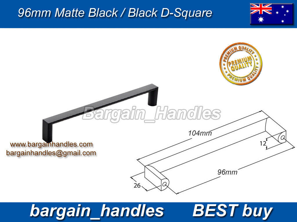 Matte Black Pull handles D-Square Kitchen Cabinet Door Drawer Dallas Black - 96mm
